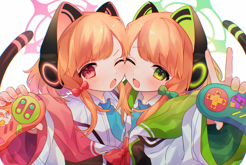 2girls :o animal_ear_headphones animal_ears blue_archive blue_necktie blush bow cat_ear_headphones cheek-to-cheek commentary_request controller dot_nose fake_animal_ears green_bow green_eyes green_halo green_jacket hair_bow halo headphones heads_together highres holding holding_controller jacket low_tied_sidelocks midori_(blue_archive) momoi_(blue_archive) multicolored_clothes multicolored_jacket multiple_girls necktie one_eye_closed open_mouth orange_hair pink_bow pink_halo pink_jacket red_eyes shirt short_hair siblings simple_background sisters takumi_mizuki twins upper_body v-shaped_eyebrows white_background white_shirt