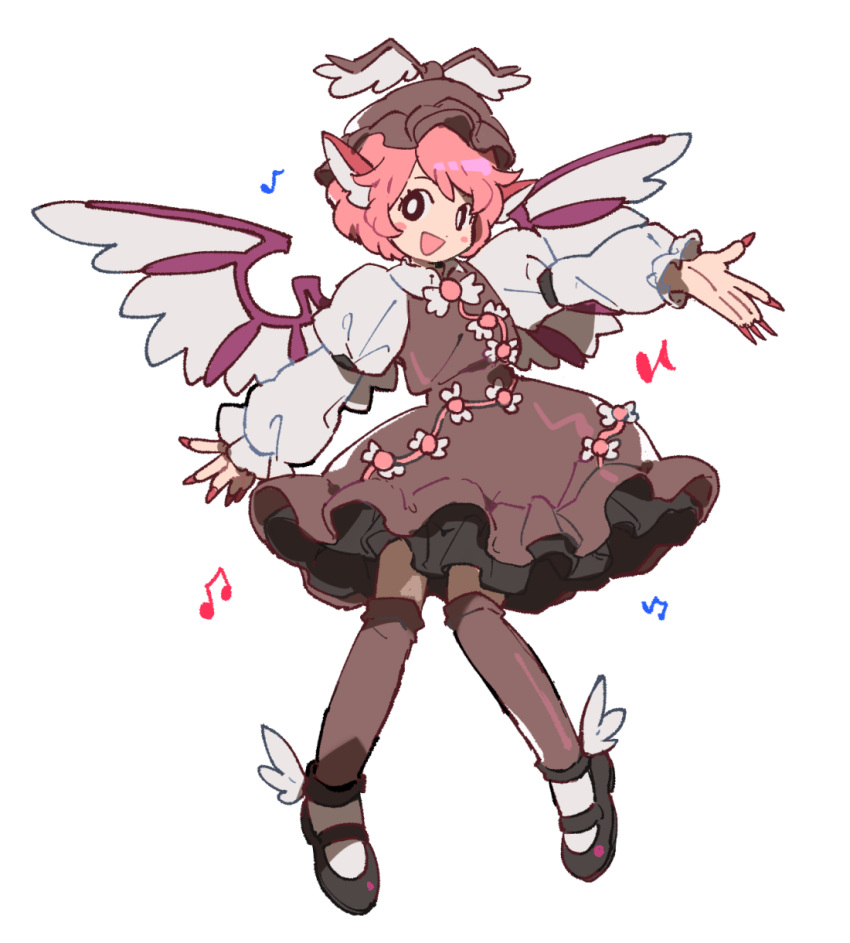 1girl animal_ears beamed_eighth_notes bird_ears bird_wings black_footwear blush_stickers brown_dress brown_eyes brown_headwear brown_thighhighs dress eighth_note fingernails frilled_dress frilled_sleeves frills full_body hat highres jeto_(jetopyon) long_fingernails long_sleeves musical_note mystia_lorelei nail_polish open_mouth pink_hair red_nails sharp_fingernails shoes short_hair simple_background sleeve_garter smile solo thigh-highs touhou white_background white_wings winged_footwear winged_hat wings