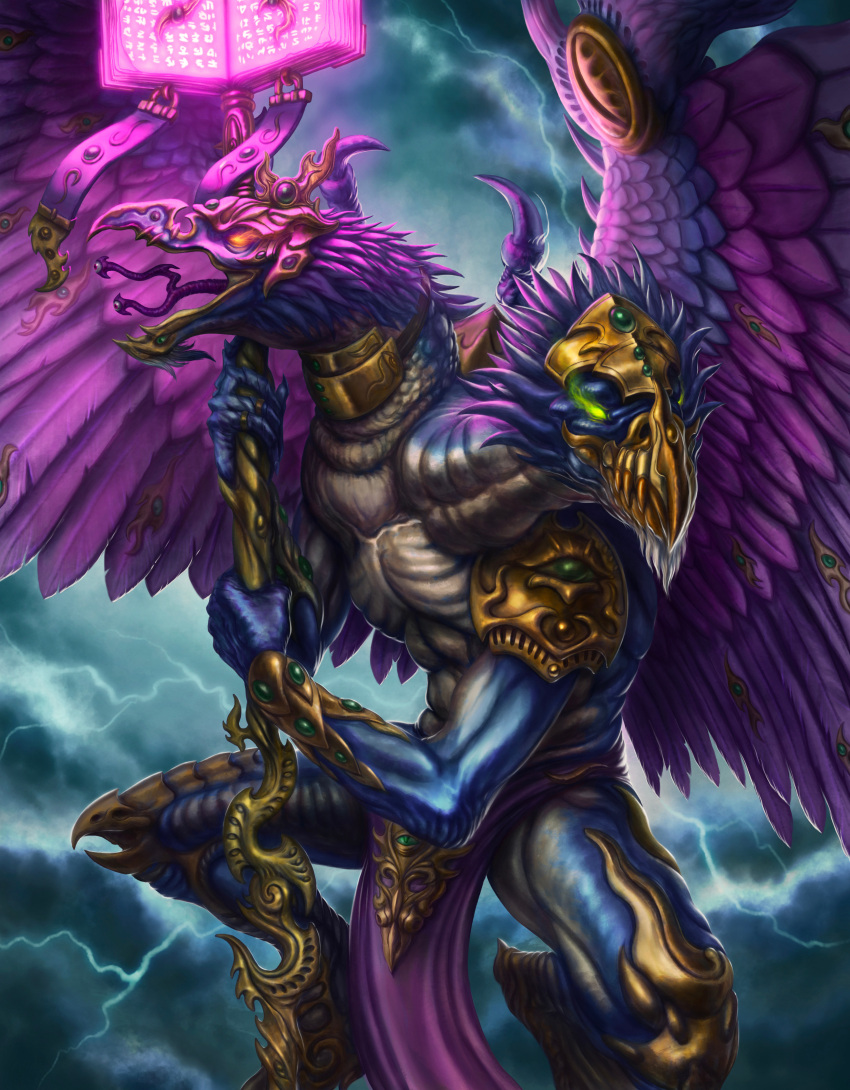 1boy absurdres armor beak bird_legs blue_skin bmurphy book bracelet chaos_(warhammer) clouds cloudy_sky colored_skin commentary demon english_commentary feathered_wings feathers gem glowing glowing_eyes gold_armor gold_bracelet gold_headdress gold_necklace gold_trim green_eyes green_gemstone grimoire highres holding holding_scepter holding_weapon jewelry kairos_(warhammer) lightning lord_of_change necklace open_mouth pelvic_curtain red_eyes ring scepter sharp_tongue sky solo tongue tongue_out two-headed_bird warhammer_40k weapon wings