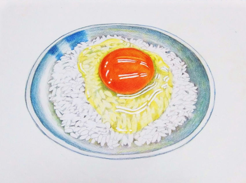 bowl colored_pencil_(medium) egg_(food) egg_yolk food food_focus highres manmosu-0607 no_humans original raw_egg rice still_life tamagokake_gohan traditional_media