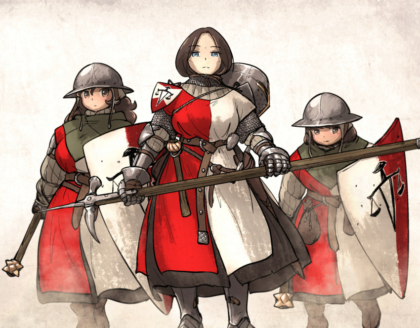 3girls armor bassinet belt brown_hair gambeson gauntlets gloves greaves helmet highres holding ironlily kettle_helm lady_lucerne_(ironlily) lady_merle_(ironlily) long_hair mace medieval multiple_girls ordo_mediare_sisters_(ironlily) original polearm scabbard sheath standing sword weapon