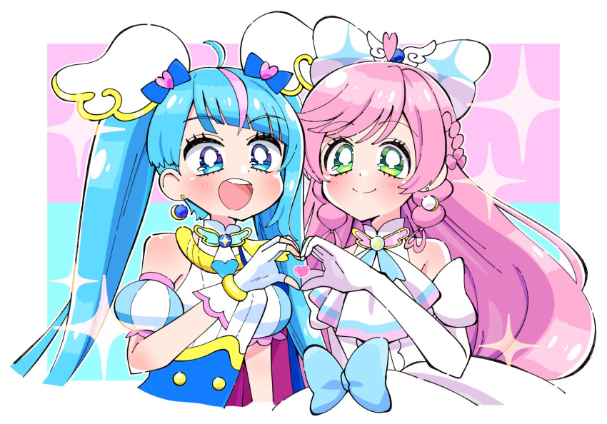 2girls :d ahoge aqua_eyes aqua_hair arm_at_side ascot blue_bow blue_ribbon blunt_bangs blush border bow bowtie braid closed_mouth collared_dress collared_shirt cropped_torso cure_prism cure_sky detached_sleeves diagonal_bangs dot_nose dress earrings elbow_gloves fingerless_gloves gloves green_eyes hair_bow hair_ornament_request heart heart_hands heart_hands_duo highres hirogaru_sky!_precure jewelry long_hair looking_at_viewer magical_girl meranoreuka_(pandapaca) multi-tied_hair multiple_girls neck_ribbon nijigaoka_mashiro open_mouth precure puffy_short_sleeves puffy_sleeves ribbon shirt short_sleeves side_braid sidelocks sleeveless sleeveless_dress sleeveless_shirt smile sora_harewataru sparkle split_mouth swept_bangs twintails two-tone_background upper_body very_long_hair white_ascot white_border white_bow white_dress white_gloves white_shirt wing_hair_ornament