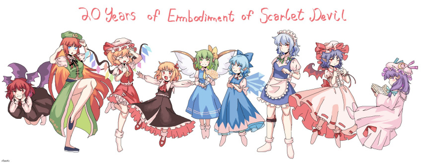 apron ascot bat_wings black_footwear blonde_hair blue_bow blue_dress blue_eyes book bouquet bow cirno commentary crescent crescent_hat_ornament crossed_arms daiyousei dress embodiment_of_scarlet_devil english_commentary english_text fairy_wings flandre_scarlet full_body green_eyes green_hair green_skirt green_vest hair_bow hair_ribbon hat hat_ornament hat_ribbon head_wings highres holding holding_book holding_bouquet hong_meiling ice ice_wings izayoi_sakuya knife koakuma long_hair long_sleeves looking_at_viewer maid maid_headdress mob_cap moonii_desu multiple_wings one_eye_closed outstretched_arms patchouli_knowledge pink_dress pink_headwear pink_shirt pink_skirt purple_hair red_eyes red_ribbon red_skirt red_vest redhead remilia_scarlet ribbon rumia shirt short_hair short_sleeves side_ponytail simple_background skirt socks touhou vest violet_eyes waist_apron white_apron white_background white_shirt white_socks wings yellow_ascot