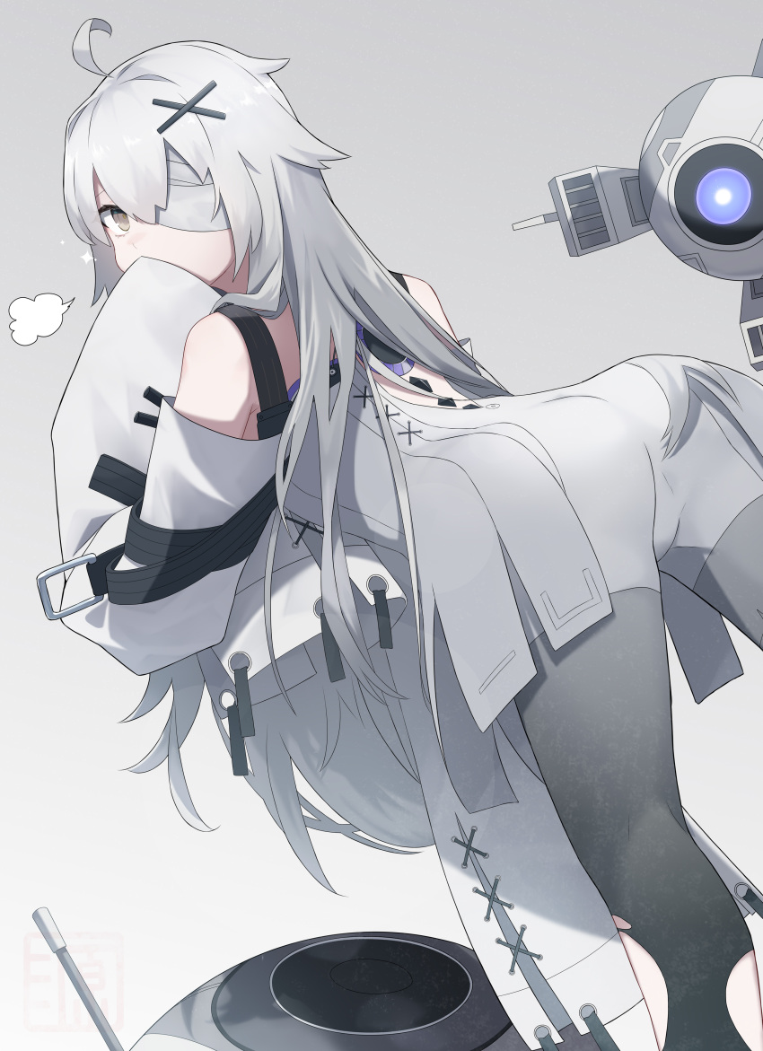 1girl absurdres ahoge bandage_over_one_eye bare_shoulders berudora detached_sleeves dress grey_background grey_dress grey_eyes grey_hair grey_sleeves hair_ornament highres long_hair no.21_(punishing:_gray_raven) non-humanoid_robot punishing:_gray_raven robot sidelocks sleeves_past_fingers sleeves_past_wrists subdermal_port suspenders very_long_hair x_hair_ornament