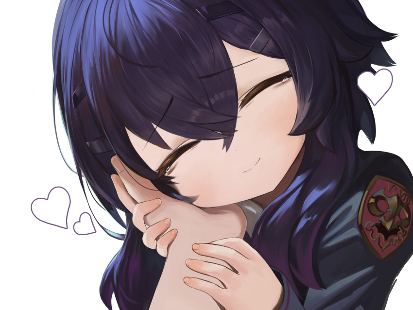 1girl 1other ^_^ black_jacket blue_archive closed_eyes closed_mouth dokomon facing_viewer hair_between_eyes hair_ornament hairclip haruka_(blue_archive) head_tilt heart highres jacket long_hair long_sleeves out_of_frame purple_hair roman_numeral simple_background sleeves_past_wrists smile tears upper_body white_background
