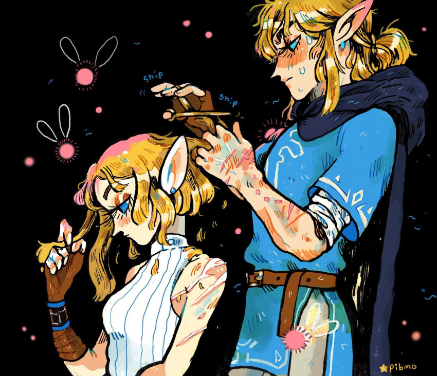 1boy 1girl belt blonde_hair blue_eyes blue_shirt cape commentary feet_out_of_frame fingerless_gloves gloves highres holding holding_scissors link looking_at_another mrpibmo pointy_ears ponytail princess_zelda profile scar scissors shirt sidelocks sitting sleeveless standing the_legend_of_zelda the_legend_of_zelda:_tears_of_the_kingdom