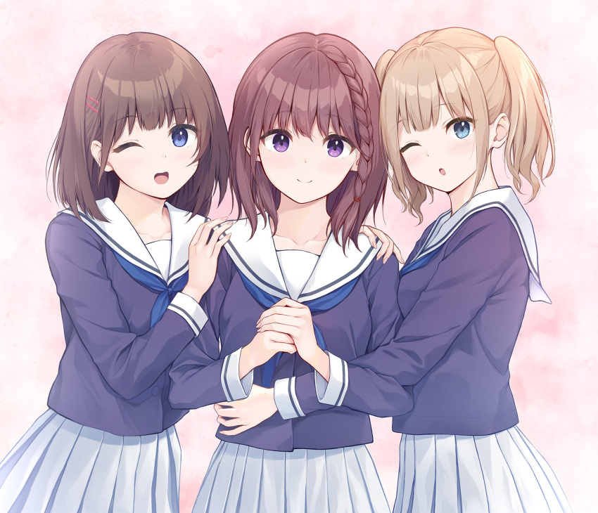3girls ;d ;o blue_eyes blue_neckerchief blush braid brown_hair cardigan collarbone girl_sandwich hand_on_another's_waist hands_on_another's_shoulders highres multiple_girls neckerchief one_eye_closed open_mouth original own_hands_together pasdar pink_background pleated_skirt purple_cardigan purple_hair sailor_collar sandwiched school_uniform serafuku skirt smile violet_eyes white_sailor_collar white_skirt