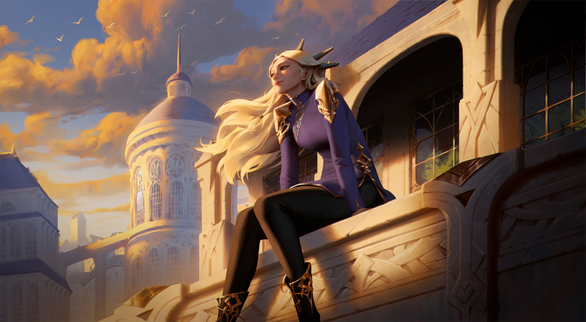 1girl boots braid brown_eyes building clouds cloudy_sky commentary dao_trong_le english_commentary evening hair_ornament highres long_hair long_sleeves original relaxing scenery sitting sky solo white_background wind window