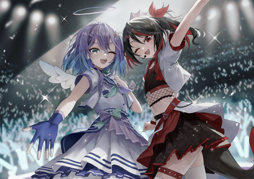 2girls :d akami_chiyo amai_direct aphrodi_vainilla arm_up black_choker black_hair black_skirt black_tail black_tank_top blouse blue_eyes blue_hair bow choker colored_inner_hair commentary_request concert cropped_jacket crowd diffraction_spikes fingerless_gloves fins fish_girl fish_hair_ornament fish_tail fishnet_top fishnets flat_chest french_commentary fudepenbrushpen gloves glowstick gradient_hair hair_between_eyes hair_bow hair_ornament hairclip halo head_fins heart heart_hair_ornament highres idol jacket layered_skirt light_particles light_purple_hair long_skirt looking_at_viewer medium_hair medium_skirt microphone midriff mini_wings mixed-language_commentary multicolored_hair multiple_girls music navel neckerchief one_eye_closed partial_commentary penlight purple_hair reaching reaching_towards_viewer red_bow red_eyes red_skirt redhead second-party_source shirt side-tie_skirt skirt smile spanish_commentary sparkle spotlight stage stage_lights star_(symbol) star_hair_ornament streaked_hair tail tank_top thigh-highs thigh_strap two-tone_hair two_side_up virtual_youtuber white_jacket white_shirt white_skirt white_thighhighs wings