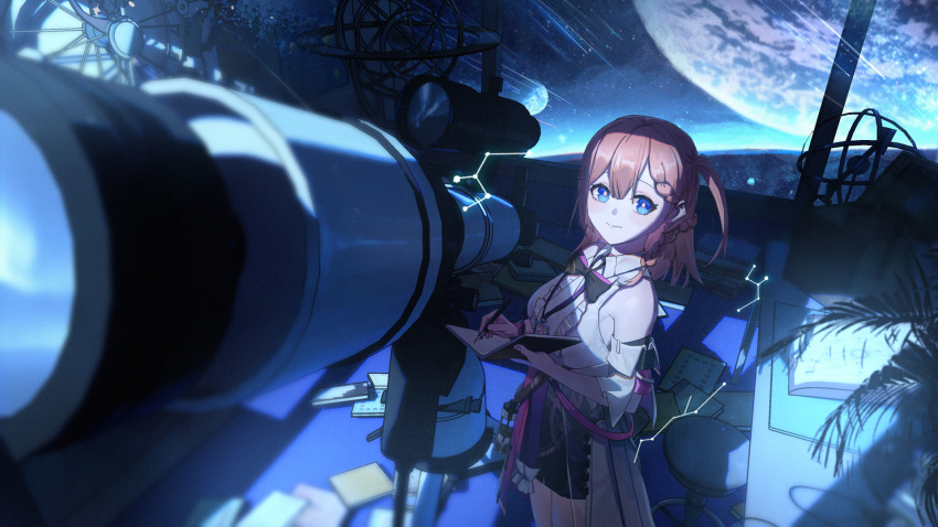 1girl armillary_sphere asta_(honkai:_star_rail) bare_shoulders black_bow black_bowtie black_skirt blue_eyes book bow bowtie braid center_frills closed_mouth collared_shirt constellation english_commentary frills highres holding holding_notebook holding_pen honkai:_star_rail honkai_(series) id_card inagi_john looking_at_viewer medium_hair meteor_shower notebook one_side_up paper pen pink_hair planet plant shirt skirt sky sleeveless sleeveless_shirt smile solo star_(sky) starry_sky stool telescope white_shirt white_sleeves wide_shot window