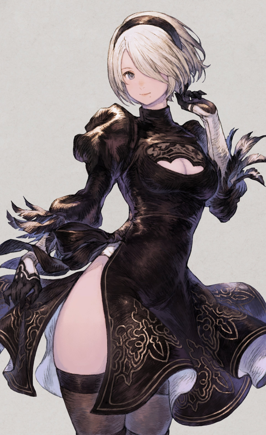 1girl absurdres black_dress black_hairband blue_eyes cleavage_cutout clothing_cutout dress feather-trimmed_sleeves feather_trim gloves hair_over_one_eye hairband highres juliet_sleeves long_sleeves looking_at_viewer maekakekamen mole mole_under_mouth nier:automata nier_(series) no_blindfold puffy_sleeves short_hair simple_background smile solo thigh-highs white_hair yorha_no._2_type_b