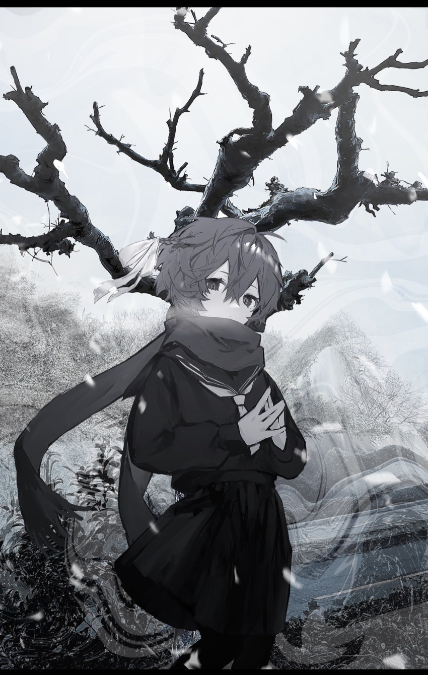 1girl bare_tree closed_mouth feet_out_of_frame greyscale hair_between_eyes highres long_sleeves looking_at_viewer monochrome original outdoors pantyhose scarf school_uniform short_hair snowing solo standing steepled_fingers tree xoxzxox