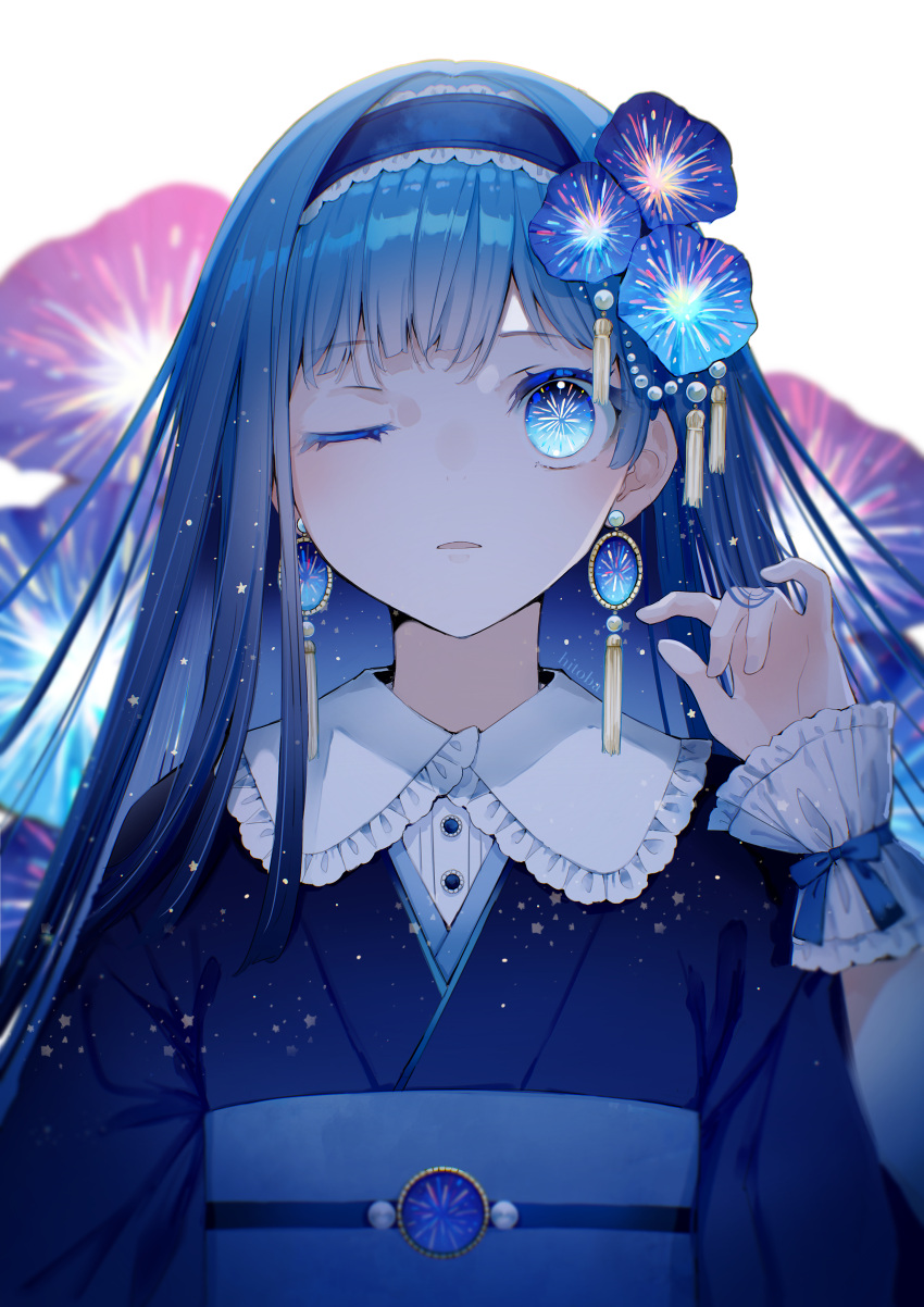 1girl absurdres blue_eyes blue_hair blue_kimono blue_theme blunt_bangs blush collar commentary_request earrings fireworks flat_chest flower frilled_collar frilled_headwear frills hair_flower hair_ornament hand_up headband highres hitoba japanese_clothes jewelry kimono layered_clothes long_hair looking_at_viewer morning_glory obi one_eye_closed original parted_lips ribbon sash shadow shirt sidelocks single_wrist_cuff solo tassel tassel_earrings upper_body white_background white_shirt wrist_cuffs wrist_ribbon