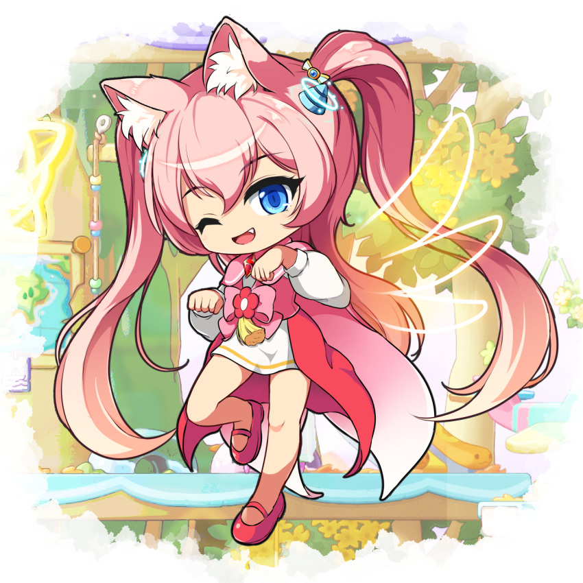 1girl ;d angelic_buster blue_eyes bow cape dress fang flower full_body hair_between_eyes highres horns long_hair long_sleeves looking_at_viewer maplestory nekono_rin one_eye_closed paw_pose pink_bow pink_cape pink_hair puffy_long_sleeves puffy_sleeves red_flower red_footwear shoes smile solo standing standing_on_one_leg twintails very_long_hair white_dress yellow_flower