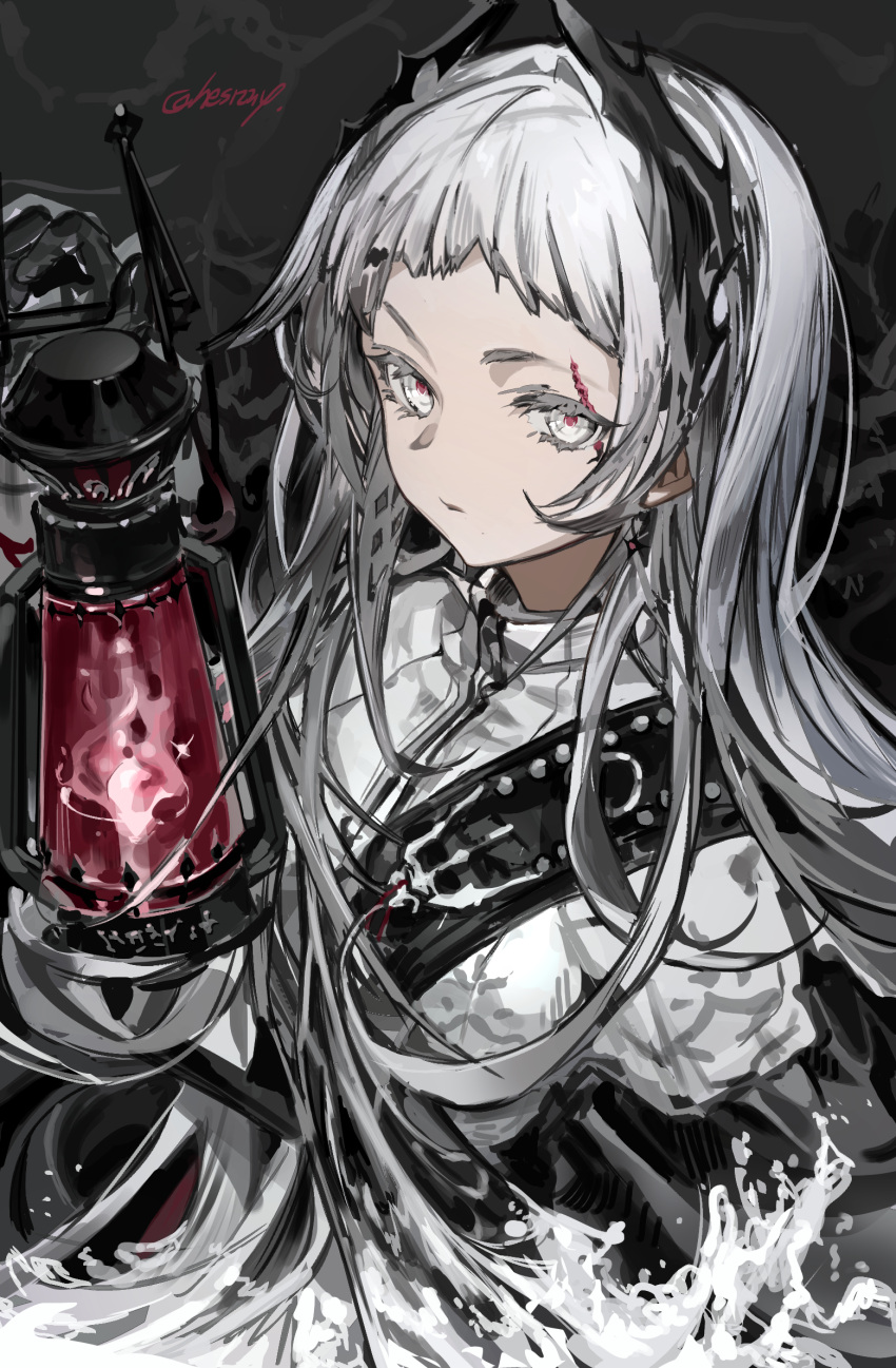 1girl arknights black_background black_gloves capelet closed_mouth gloves grey_eyes grey_hair head_wings highres holding holding_lantern irene_(arknights) lantern long_hair long_sleeves looking_at_viewer scar scar_across_eye scar_on_face signature solo twice12314 twitter_username upper_body water white_capelet wings