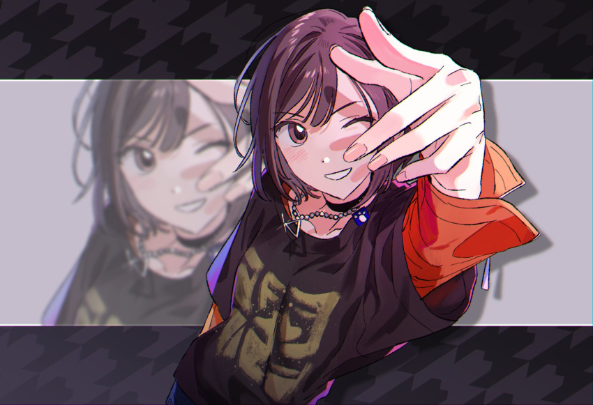 1girl black_choker bokutachi_no_seizon_tousou_(project_sekai) brown_eyes brown_hair choker commentary fingernails highres jewelry kkamvill layered_sleeves long_sleeves necklace official_alternate_costume one_eye_closed orange_sleeves project_sekai shinonome_ena short_hair smile solo symbol-only_commentary teeth upper_body