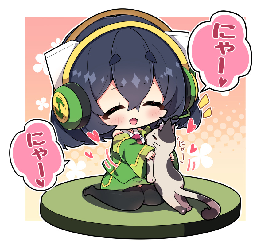 1girl :d ^_^ absurdres animal animal_ear_fluff black_hair black_thighhighs blush brown_background cat closed_eyes collared_shirt commentary_request detached_sleeves green_jacket green_skirt green_sleeves hair_between_eyes halftone halftone_background headphones highres holding holding_animal jacket kyoumachi_seika long_sleeves milkpanda necktie notice_lines red_necktie shirt short_eyebrows sitting skirt sleeveless sleeveless_jacket sleeves_past_wrists smile solo thick_eyebrows thigh-highs translation_request voiceroid wariza white_shirt wide_sleeves