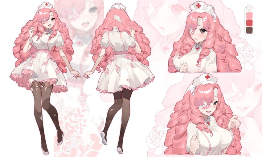 1girl absurdres black_thighhighs breasts brown_eyes dress drill_hair fang flower frilled_dress frills full_body hair_over_one_eye hat highres indie_virtual_youtuber kagome_(vtuber) large_breasts lilianei long_hair multiple_views nurse nurse_cap official_art open_mouth pink_hair puffy_short_sleeves puffy_sleeves quad_drills rose short_sleeves smile standing standing_on_one_leg stitched_arm stitched_neck stitches thigh-highs torn_clothes torn_dress torn_thighhighs undead virtual_youtuber white_footwear white_headwear zombie