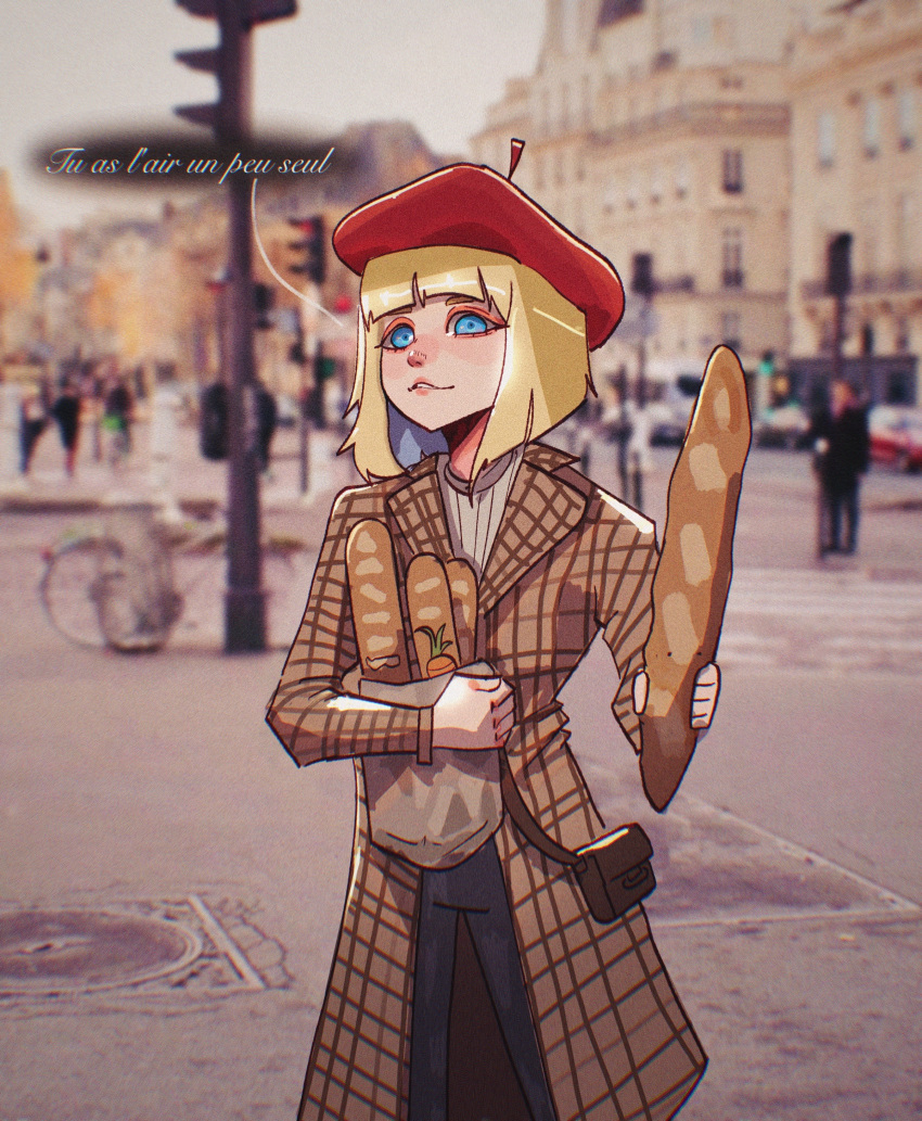 1girl absurdres bag baguette basedbinkie blonde_hair blue_eyes bread brown_bag brown_coat city coat day food french_text highres holding holding_bag holding_food open_clothes open_coat original outdoors pants paper_bag parted_lips people plaid_coat red_headwear short_hair solo_focus teeth translation_request