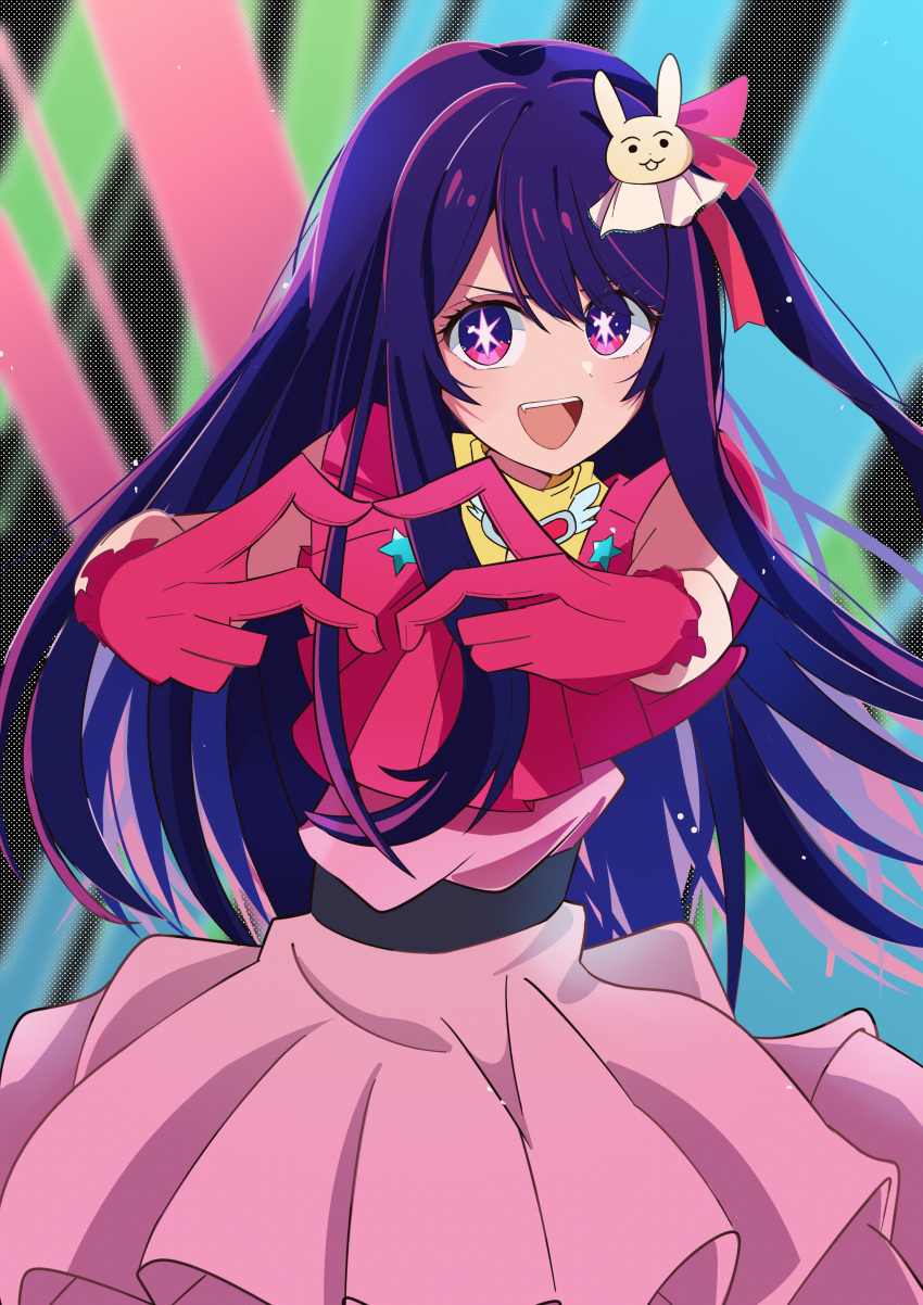 1girl absurdres belt black_belt brooch commentary_request dress frilled_dress frilled_gloves frills gloves hair_ornament heart heart_brooch heart_hands highres hoshino_ai_(oshi_no_ko) idol jewelry long_hair mikemaru_illust multicolored_eyes one_side_up open_mouth oshi_no_ko partial_commentary pink_dress pink_gloves pink_ribbon purple_hair rabbit_hair_ornament ribbon sidelocks star-shaped_pupils star_(symbol) symbol-shaped_pupils teeth two-tone_eyes