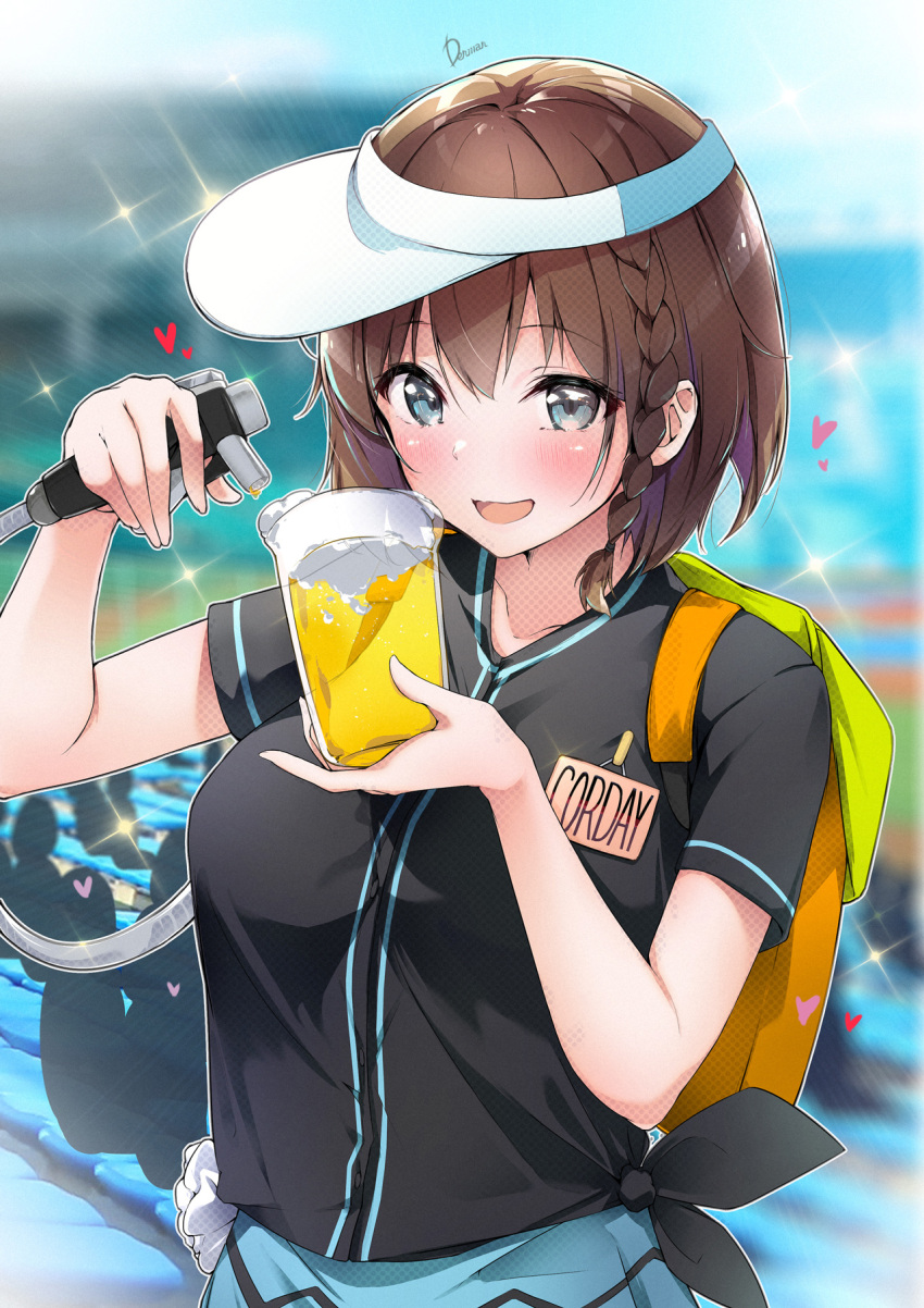 1girl alcohol backpack bag beer beer_mug black_shirt blue_eyes blue_skirt blurry blurry_background braid brown_hair charlotte_corday_(fate) cup dermar fate/grand_order fate_(series) heart highres holding holding_cup looking_at_object mug name_tag open_mouth orange_bag people shirt short_hair side_braid signature skirt smile solo_focus sparkle stadium tied_shirt visor_cap