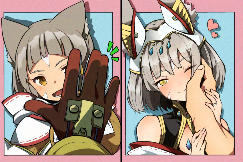 1boy 1girl age_progression animal_ears blunt_bangs blush cat_ears cat_girl chest_jewel couple facial_mark gloves grey_hair hand_on_another's_face hetero highena highres husband_and_wife looking_at_viewer nia_(xenoblade) rex_(xenoblade) short_hair smile waving xenoblade_chronicles_(series) xenoblade_chronicles_2 xenoblade_chronicles_3 xenoblade_chronicles_3:_future_redeemed yellow_eyes