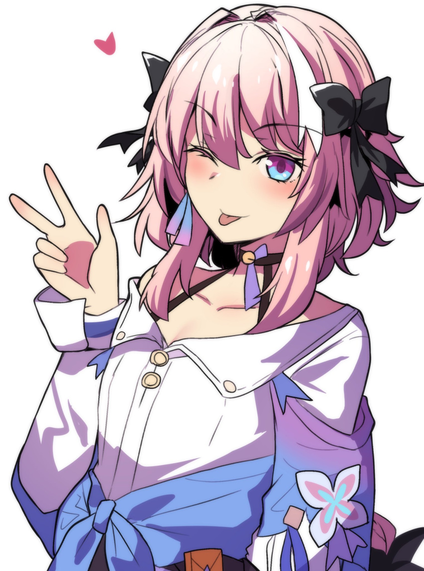 1boy aqua_eyes astolfo_(fate) black_ribbon blush choker collarbone commentary cosplay english_commentary fate/apocrypha fate_(series) hair_ribbon heart highres hinghoi honkai:_star_rail honkai_(series) long_sleeves looking_at_viewer male_focus march_7th_(honkai:_star_rail) march_7th_(honkai:_star_rail)_(cosplay) multicolored_eyes one_eye_closed otoko_no_ko pink_hair ribbon shirt simple_background solo two-tone_eyes upper_body v violet_eyes white_background white_shirt
