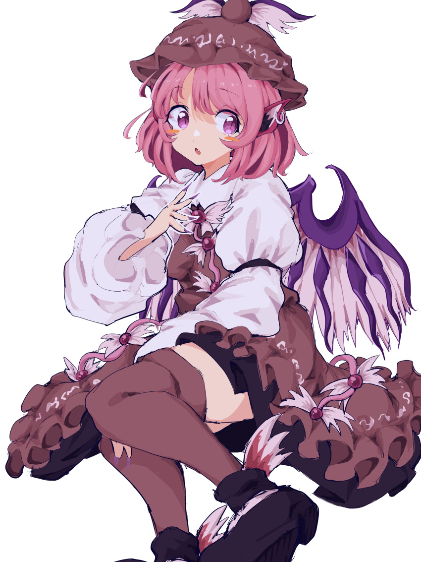 1girl absurdres animal_ears bird_ears bird_wings blush_stickers brown_dress brown_headwear commentary_request dress earrings fang feathers fingernails highres jewelry long_fingernails looking_at_viewer medium_hair mugi_(mugimugi_9kv) mystia_lorelei open_mouth pink_hair pointy_ears puffy_sleeves sharp_fingernails single_earring solo thigh-highs touhou white_background winged_footwear winged_hat wings
