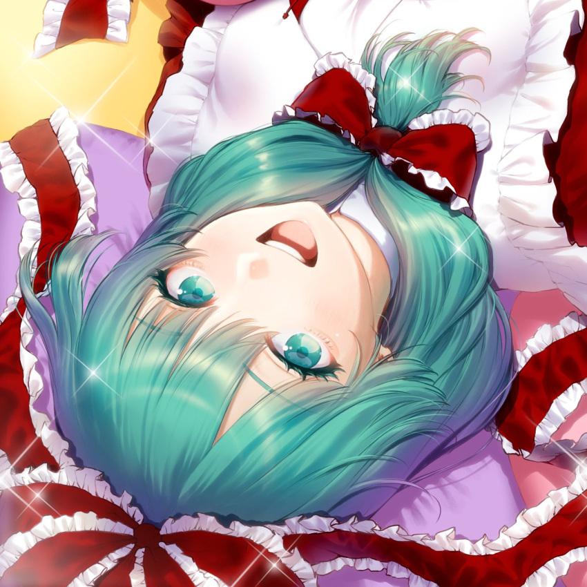 1girl bow closed_mouth dress eyelashes frilled_ribbon frills front_ponytail green_eyes green_hair hair_bow hair_ribbon happy highres kageharu kagiyama_hina lying on_back red_dress ribbon teeth touhou upper_teeth_only