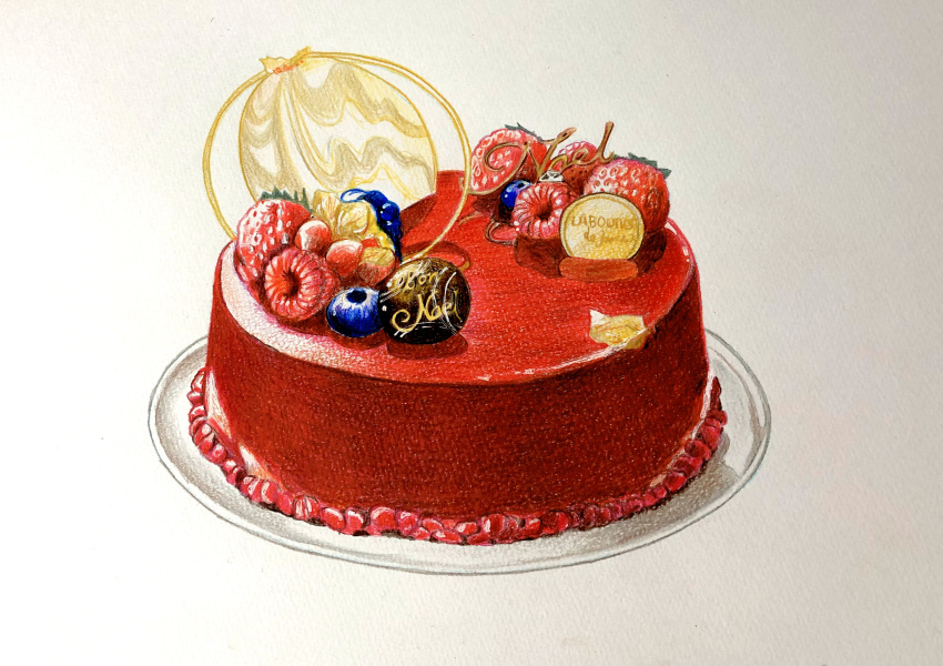 absurdres blueberry cake christmas_cake colored_pencil_(medium) food food_focus fruit highres manmosu-0607 no_humans original plate raspberry realistic simple_background still_life strawberry traditional_media white_background