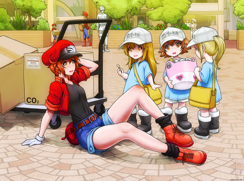 2boys 6+girls ae-3803 age_difference ahoge apron arm_support artist_logo bag bandaid baseball_cap basket belt black_footwear black_shirt black_socks blonde_hair blue_flower blue_shirt blue_shorts bob_cut boots box breasts brick_wall brown_eyes brown_hair building bush cabbie_hat canister cardboard_box cityscape clothes_writing commentary cropped_jacket day denim denim_shorts dress english_commentary fallen_down fanny_pack fire_escape flipped_hair flower foliage frilled_apron frills full_body gloves hair_between_eyes hands_on_own_head hat hataraku_saibou heart holding holding_bandaid holding_basket holding_box injury jacket julia_lichty knees_up leaning_back long_hair looking_at_another looking_at_viewer loose_socks macrophage_(hataraku_saibou) maid messenger_bag mob_cap multiple_boys multiple_girls on_ground open_clothes open_jacket open_mouth outdoors package people platelet_(hataraku_saibou) pushcart red_bag red_belt red_blood_cell_(hataraku_saibou) red_flower red_footwear red_jacket redhead ribbed_socks scraped_knee shirt shoes short_hair short_shorts short_sleeves shorts shoulder_bag sitting small_breasts smile sneakers socks standing t-shirt taut_clothes taut_shirt translated tree very_short_hair walking web_address white_apron white_blood_cell_(hataraku_saibou) white_dress white_gloves white_hair white_headwear wicker_basket yellow_bag yellow_eyes