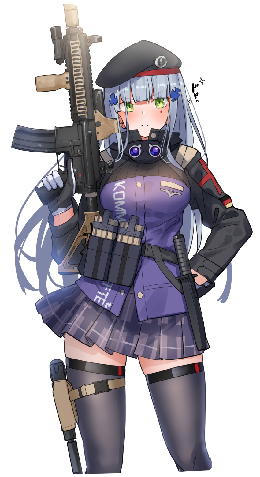 1girl absurdres assault_rifle beret black_gloves black_headwear black_thighhighs blunt_bangs breasts cross_hair_ornament facial_mark german_flag girls_frontline gloves green_eyes grey_hair grey_skirt gun h&amp;k_hk416 hair_ornament handgun hat highres hk416_(girls'_frontline) holding holding_gun holding_weapon holster holstered jacket knife_holster long_hair long_sleeves looking_at_viewer medium_breasts miniskirt plaid plaid_skirt rifle ringobatake simple_background skindentation skirt solo standing teardrop_facial_mark teardrop_tattoo thigh-highs thigh_holster trigger_discipline two-tone_gloves very_long_hair weapon white_background white_gloves zettai_ryouiki