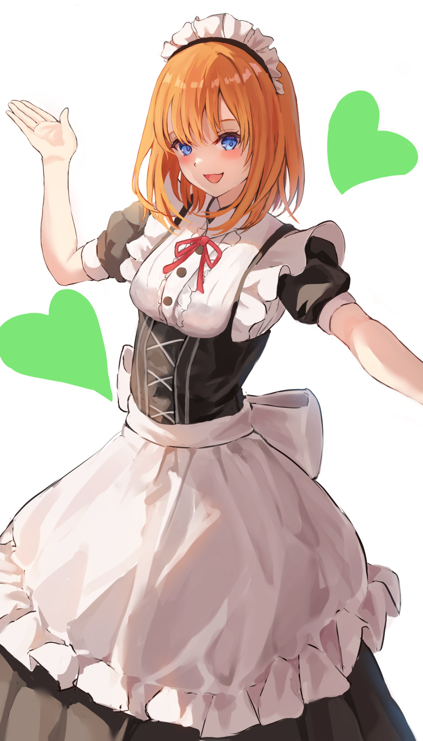 1girl :d absurdres alternate_costume apron black_dress blue_eyes blush dress enmaided go-toubun_no_hanayome hand_up heart highres looking_at_viewer maid maid_apron maid_headdress nakano_nino neck_ribbon orange_hair outstretched_arm raikun_raikun red_ribbon ribbon short_hair short_sleeves simple_background smile solo standing white_background