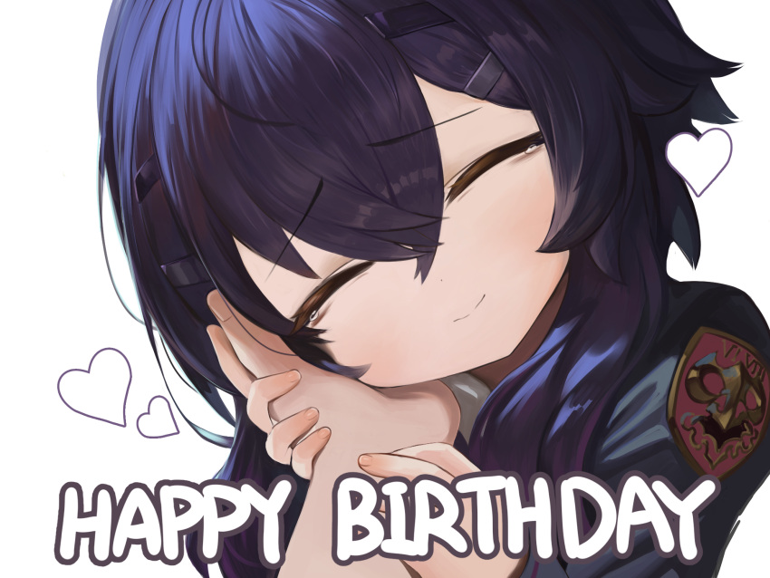 1girl 1other ^_^ black_jacket blue_archive closed_eyes closed_mouth dokomon facing_viewer hair_between_eyes hair_ornament hairclip happy_birthday haruka_(blue_archive) head_tilt heart highres jacket long_hair long_sleeves out_of_frame purple_hair roman_numeral simple_background sleeves_past_wrists smile tears upper_body white_background