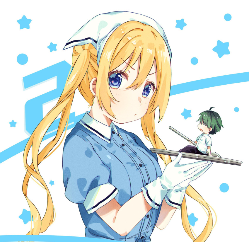 1boy 1girl ahoge akizuki_kouyou arm_support black_pants blend_s blue_eyes blue_shirt breasts buttons chibi circle closed_mouth collared_shirt commentary double-parted_bangs fork from_side gloves hair_between_eyes highres hinata_kaho holding holding_fork holding_tray long_hair looking_at_viewer low_twintails mini_person miniboy pants profile shirt short_sleeves sitting sitting_on_object small_breasts solo_focus star_(symbol) stile_uniform tray twintails two-tone_shirt uniform waitress white_background white_gloves white_shirt yuzunobori_(mrs4869)