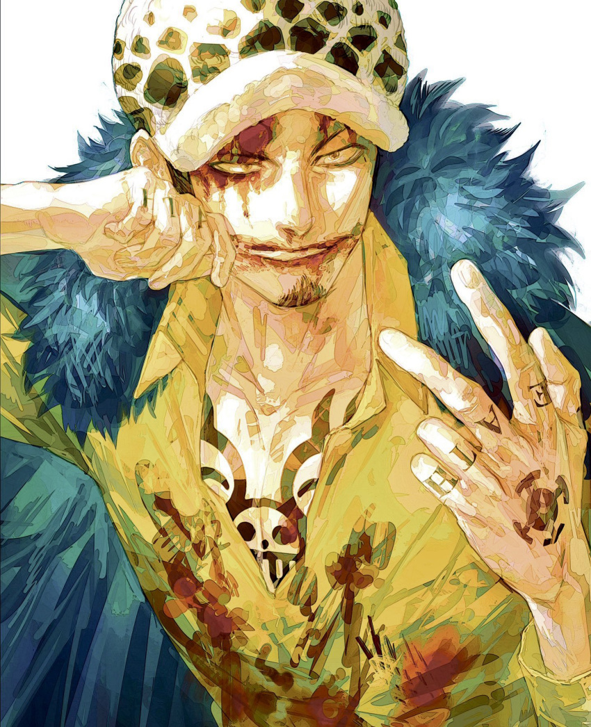 1boy black_hair blood blood_on_clothes blood_on_face chest_tattoo coat coat_on_shoulders facial_hair finger_tattoo fur_coat fur_hat goatee hand_tattoo hat highres jaguar_print kataruruni long_sideburns looking_at_viewer male_focus one_piece shirt short_hair sideburns simple_background solo tattoo trafalgar_law white_background yellow_shirt