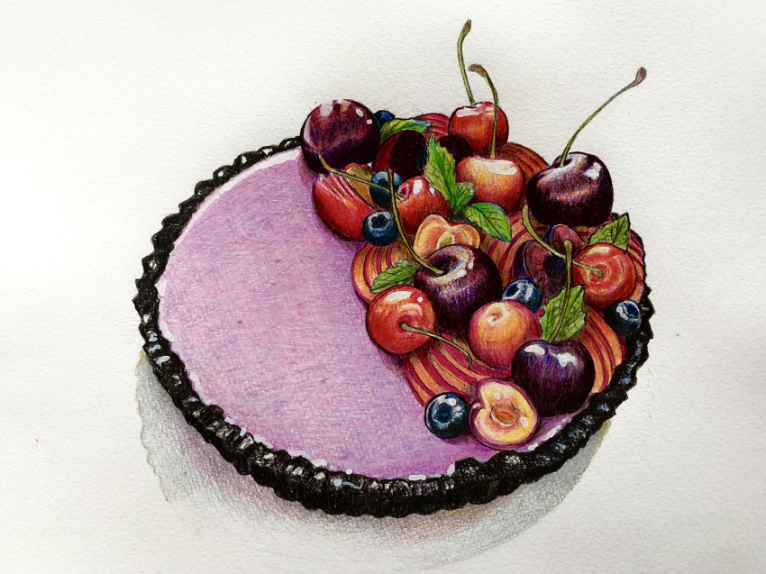 absurdres blueberry cherry colored_pencil_(medium) food food_focus fruit fruit_tart highres leaf manmosu-0607 no_humans original shadow simple_background still_life tart_(food) traditional_media white_background