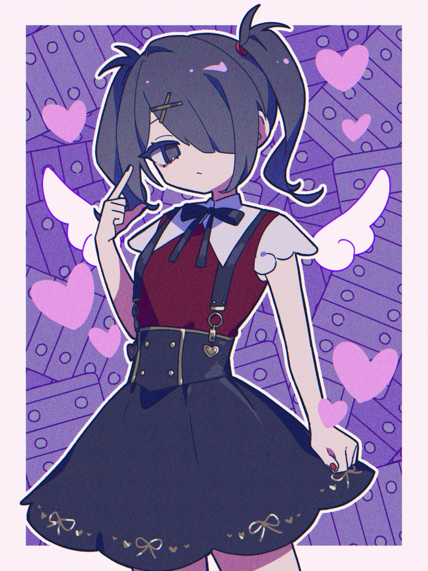 1girl akahito_(akaironotanin) ame-chan_(needy_girl_overdose) black_eyes black_hair black_ribbon black_skirt closed_mouth collar collared_shirt frills gathers hair_ornament hair_over_one_eye hair_tie hairclip heart highres jirai_kei looking_at_viewer neck_ribbon needy_girl_overdose red_nails red_shirt ribbon shirt shirt_tucked_in skirt solo standing suspender_skirt suspenders twintails white_collar wings x_hair_ornament