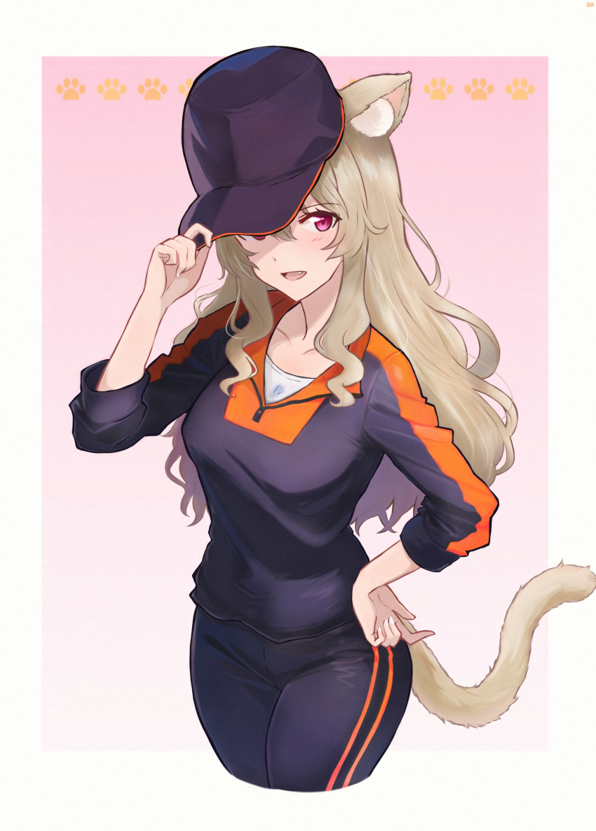 1girl animal_ear_fluff animal_ears baseball_cap black_headwear black_pants black_shirt blonde_hair border breasts cat_ears cat_girl cat_tail chibinekopan collarbone commentary_request cowboy_shot cropped_legs fang fingernails gradient_background hair_between_eyes hand_on_headwear hand_on_own_hip hand_up hat highres kemonomimi_mode light_blush long_hair long_sleeves looking_at_viewer medium_breasts one_eye_covered orange_shirt outside_border pants parted_lips paw_print paw_print_background pink_background pink_eyes saijou_claudine shirt shoujo_kageki_revue_starlight sidelocks sleeves_pushed_up smile solo standing striped striped_pants tail track_pants track_suit two-tone_shirt wavy_hair white_border white_shirt zipper_pull_tab