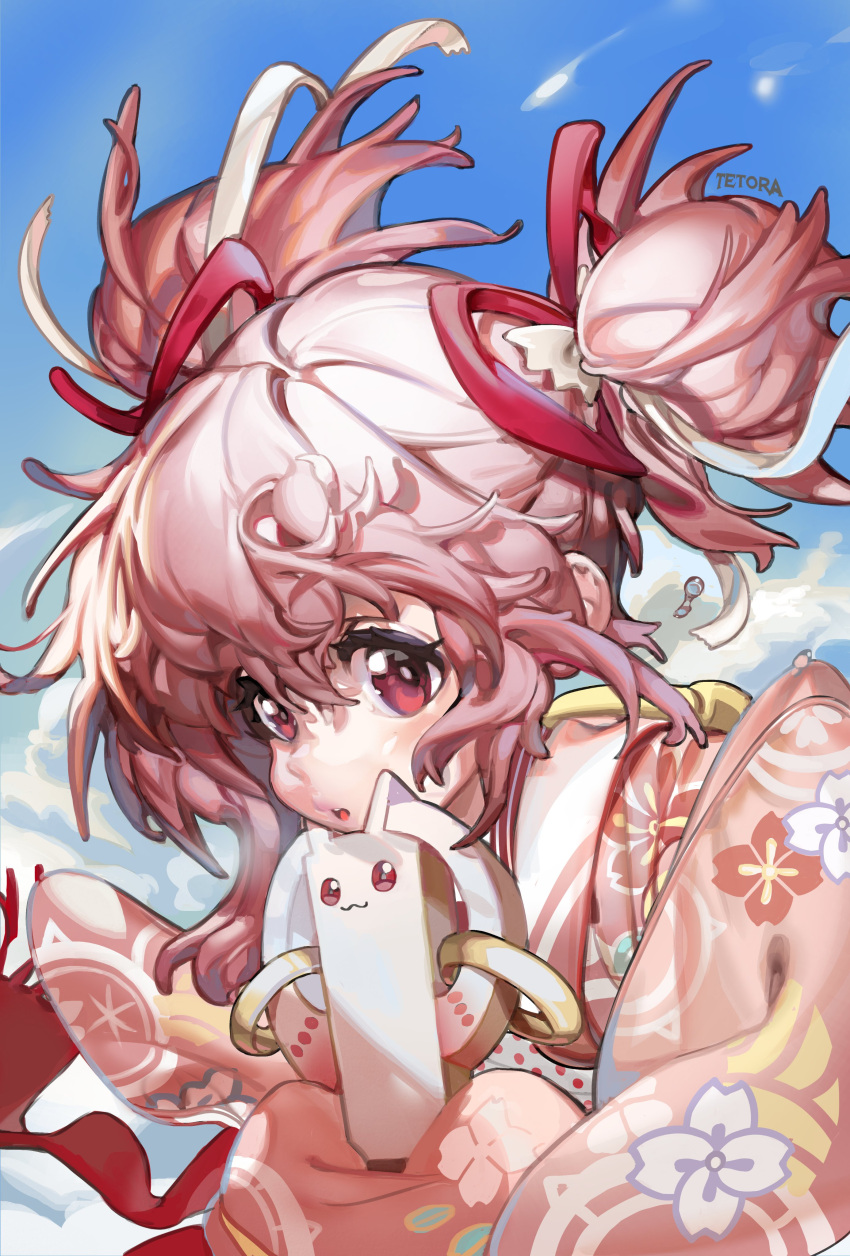 1girl 666666ttr absurdres artist_name blue_sky bow clouds day hair_between_eyes hair_bow hair_ribbon highres japanese_clothes kaname_madoka kimono looking_at_viewer mahou_shoujo_madoka_magica parted_lips pink_bow pink_eyes pink_hair ribbon short_twintails sky solo twintails upper_body white_ribbon