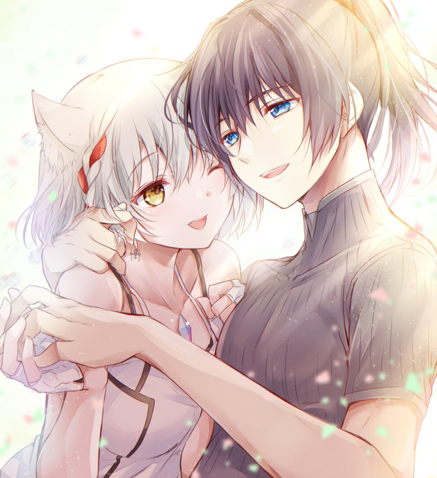 1boy 1girl animal_ear_fluff animal_ears bare_shoulders black_hair black_shirt blue_eyes cat_ears chest_jewel collarbone commentary_request core_crystal_(xenoblade) couple covered_collarbone fingerless_gloves gloves grey_hair hair_between_eyes hetero highres holding_hands hug long_hair looking_at_another mio_(xenoblade) neck_tattoo noah_(xenoblade) one_eye_closed open_mouth ponytail ribbed_shirt shirt short_hair short_sleeves sleeveless sleeveless_shirt smile tattoo teeth turtleneck ui_frara upper_teeth_only white_background white_gloves white_shirt xenoblade_chronicles_(series) xenoblade_chronicles_3 yellow_eyes