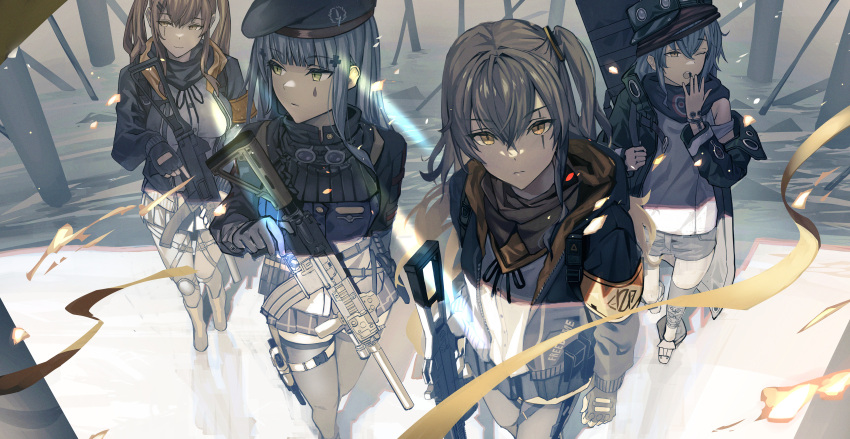 404_(girls'_frontline) 404_logo_(girls'_frontline) 4girls absurdres assault_rifle beret brown_eyes brown_hair fingerless_gloves fujita_(condor) g11_(girls'_frontline) girls_frontline gloves green_eyes grey_hair gun h&amp;k_hk416 h&amp;k_ump hair_ornament hat highres hk416_(girls'_frontline) holding holding_gun holding_weapon jacket long_hair multiple_girls one_eye_closed one_side_up rifle scar scar_across_eye scar_on_face snow submachine_gun tactical_clothes teardrop_tattoo twintails ump45_(girls'_frontline) ump9_(girls'_frontline) weapon weapon_case yawning