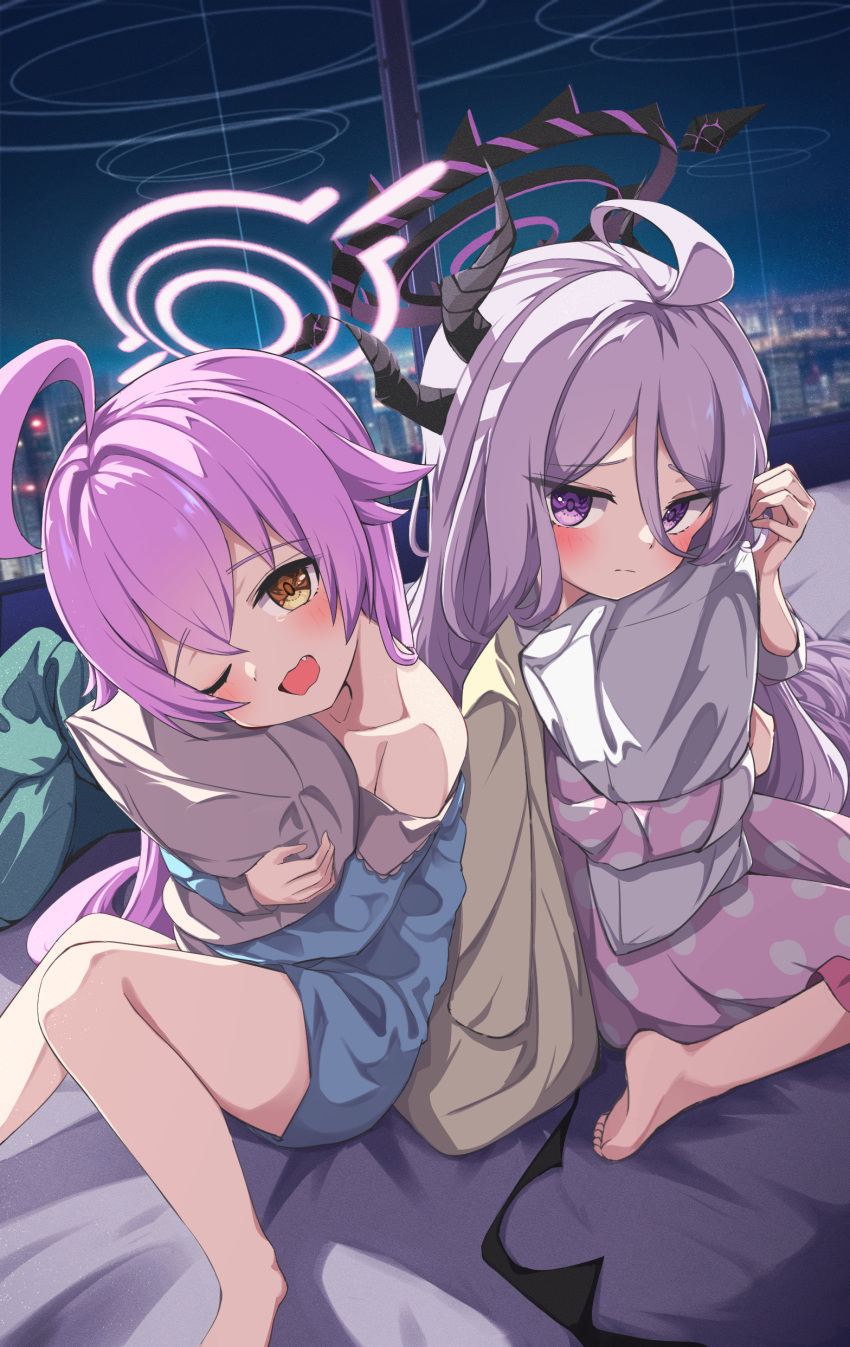 2girls ;d absurdres ahoge alternate_costume bare_shoulders barefoot bed bed_sheet blue_archive blue_pajamas blurry building collarbone commentary_request demon_girl demon_horns demon_wings depth_of_field fumi_(fumibeing) hair_between_eyes halo head_tilt highres hina_(blue_archive) horns hoshino_(blue_archive) indoors knees_together_feet_apart long_hair long_sleeves looking_at_viewer multiple_girls night night_sky object_hug official_alternate_costume one_eye_closed pajamas parted_bangs pillow pillow_hug pink_hair pink_pajamas polka_dot polka_dot_pajamas sidelocks sitting sky skyline skyscraper smile soles star_(sky) starry_sky toes violet_eyes wariza white_hair window wings