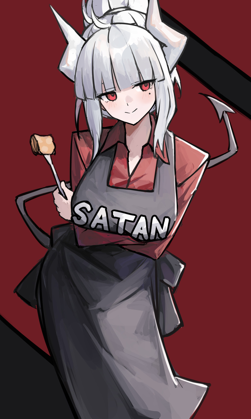 1girl absurdres apron black_apron blunt_bangs breasts closed_mouth collared_shirt commentary crossed_arms demon_girl demon_horns demon_tail english_commentary facing_viewer helltaker highres holding horns large_breasts long_sleeves looking_ahead lucifer_(helltaker) mole mole_under_eye red_background red_eyes red_shirt shiro_wa_(shiroshironix) shirt short_hair sidelocks smile solo tail upper_body white_horns