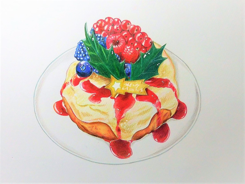 blueberry cake christmas_cake colored_pencil_(medium) food food_focus fruit leaf manmosu-0607 no_humans original plate raspberry realistic simple_background still_life syrup traditional_media white_background