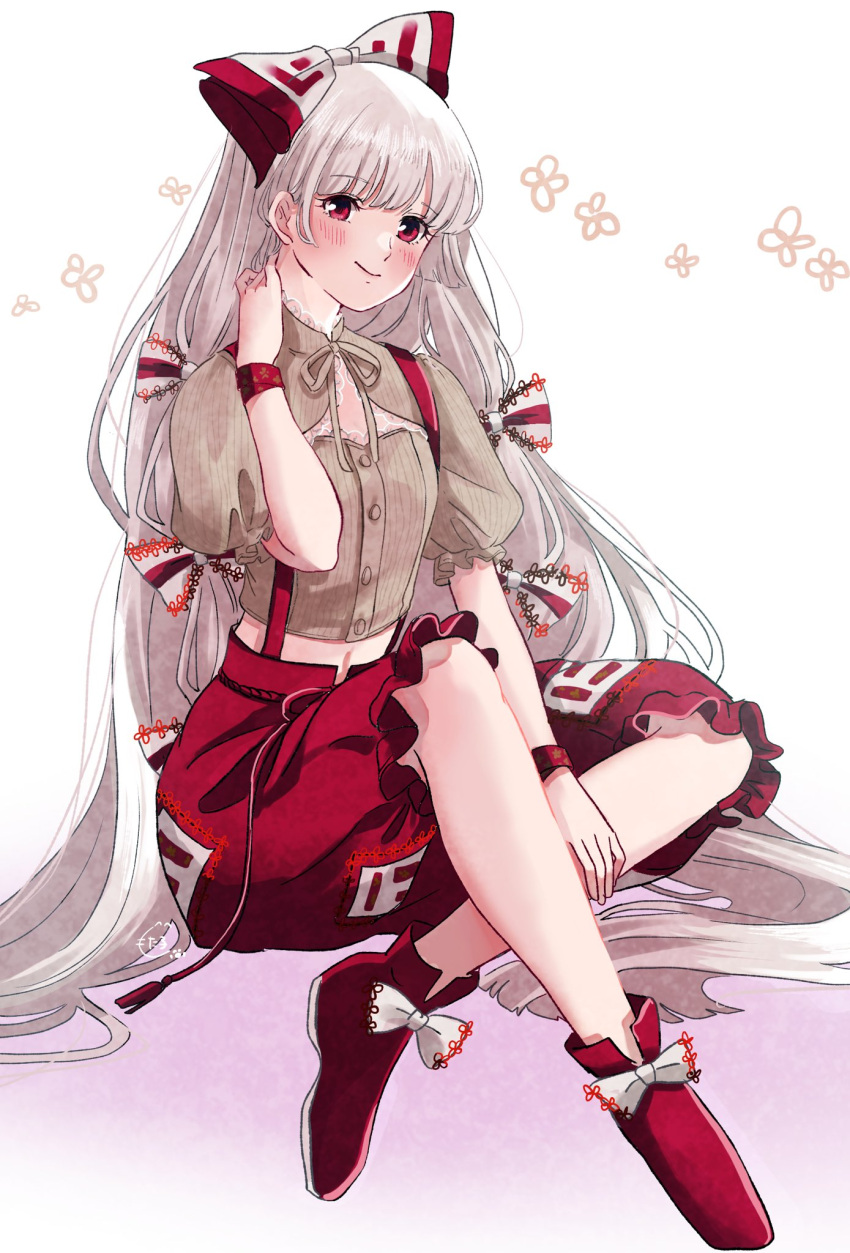 1girl adapted_costume bow bracelet closed_mouth commentary_request fujiwara_no_mokou full_body grey_shirt hair_bow hand_on_own_neck highres jewelry lace-trimmed_shirt lace_trim long_hair looking_at_viewer mokoiscat puffy_short_sleeves puffy_sleeves red_bow red_eyes red_footwear red_shorts shirt short_sleeves shorts signature sitting smile solo suspender_shorts suspenders touhou very_long_hair white_bow white_hair
