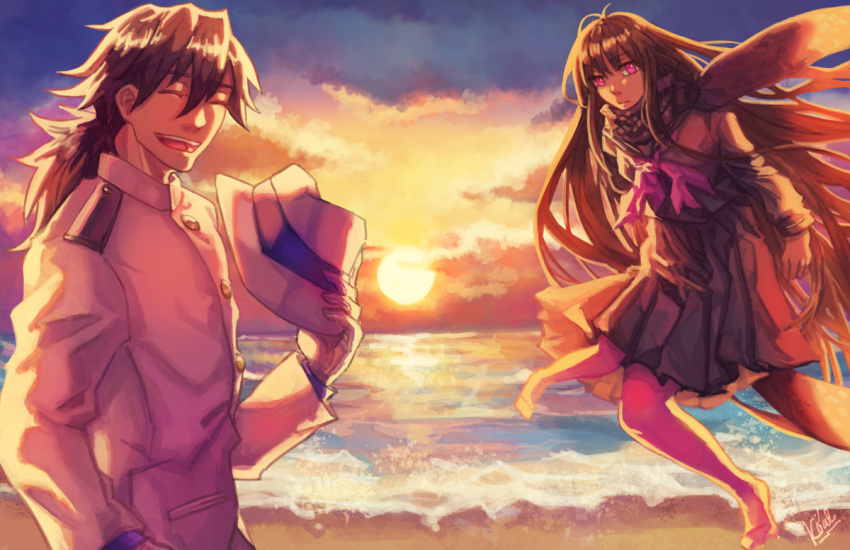 1boy 1girl beach black_hair black_scarf black_serafuku closed_eyes closed_mouth clouds dappled_sunlight expressionless fate/grand_order fate_(series) fedora floating formal hat holding holding_clothes holding_hat koalchicine long_hair looking_at_another low_ponytail open_mouth oryou_(fate) pink_eyes sakamoto_ryouma scarf school_uniform serafuku signature smile suit sunlight sunset torn_neckerchief very_long_hair water waves white_suit wide_shot