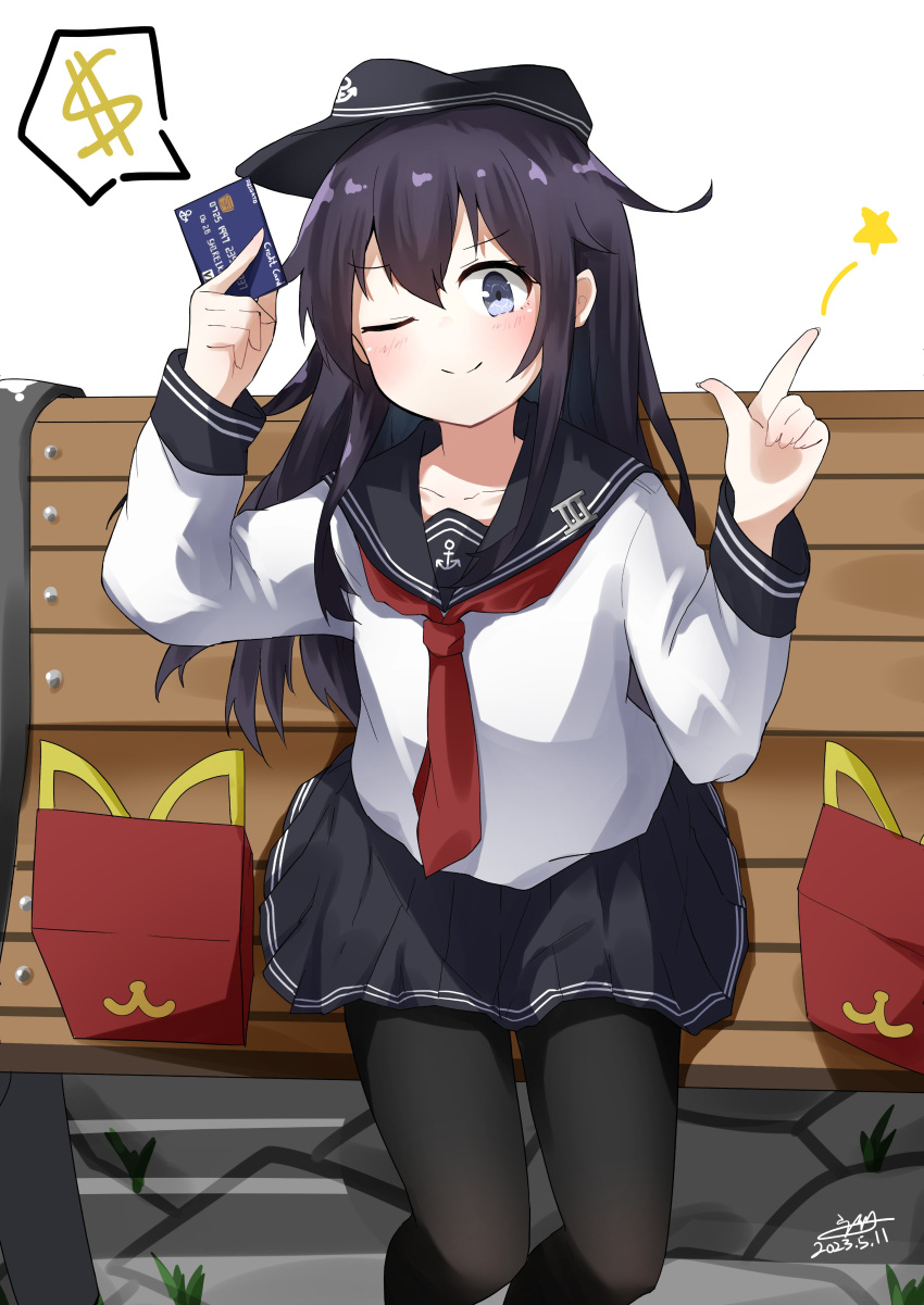1girl absurdres akatsuki_(kancolle) anchor_symbol arms_up bench black_hair black_headwear black_pantyhose black_sailor_collar black_skirt blush brand_name_imitation card closed_mouth collarbone credit_card dated dollar_sign doyagao dreamusun feet_out_of_frame flat_cap grey_eyes hair_between_eyes happy_meal hat highres holding holding_card kantai_collection long_hair long_sleeves looking_at_viewer mcdonald's neckerchief one_eye_closed pantyhose pleated_skirt pointing pointing_up red_neckerchief sailor_collar school_uniform serafuku signature simple_background sitting sitting_on_bench skirt smile smug solo spoken_dollar_sign star_(symbol) white_background