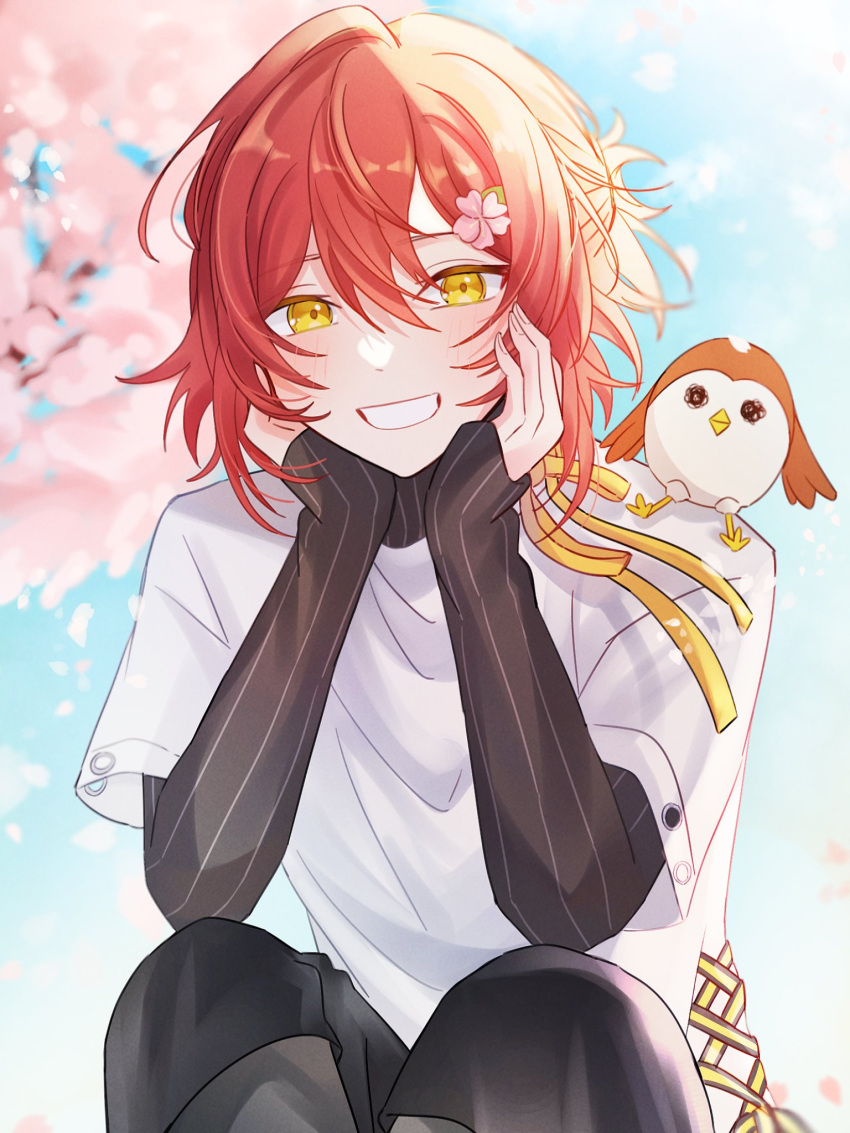 1boy animal_on_shoulder bird bird_on_shoulder black_pants black_sweater capri_pants cherry_blossoms day falling_petals feet_out_of_frame flower grin hair_between_eyes hair_flower hair_ornament hairclip half_updo hanasaki_miyabi hands_on_own_cheeks hands_on_own_face head_rest highres holostars knees_up kyomu_suzume layered_sleeves light_blush long_sleeves looking_at_viewer male_focus medium_hair pants petals pink_flower rainey redhead ribbon shirt short_over_long_sleeves short_sleeves sleeves_past_wrists smile solo sparrow sweater turtleneck turtleneck_sweater virtual_youtuber white_shirt yellow_eyes yellow_ribbon