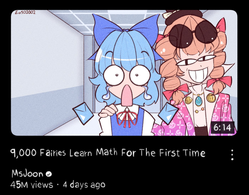 &lt;o&gt;_&lt;o&gt; 2girls artist_name blue_dress blue_hair bow cirno clenched_teeth coat commentary d: dress drill_hair english_commentary english_text eosd2002 eyewear_on_head grin hair_bow hand_on_another's_shoulder hat jewelry long_sleeves looking_at_viewer mrbeast multiple_girls neck_ribbon necklace o_o open_mouth parody pendant purple_coat real_life red_ribbon ribbon round_eyewear sanpaku shirt short_hair smile straight-on sunglasses tearing_up teeth top_hat touhou twin_drills upper_body video_thumbnail white_shirt wings yorigami_jo'on youtube